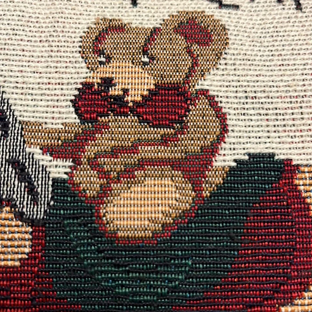 Vintage Baby's First Christmas Tapestry Throw Pillow Bear on Rocking Horse